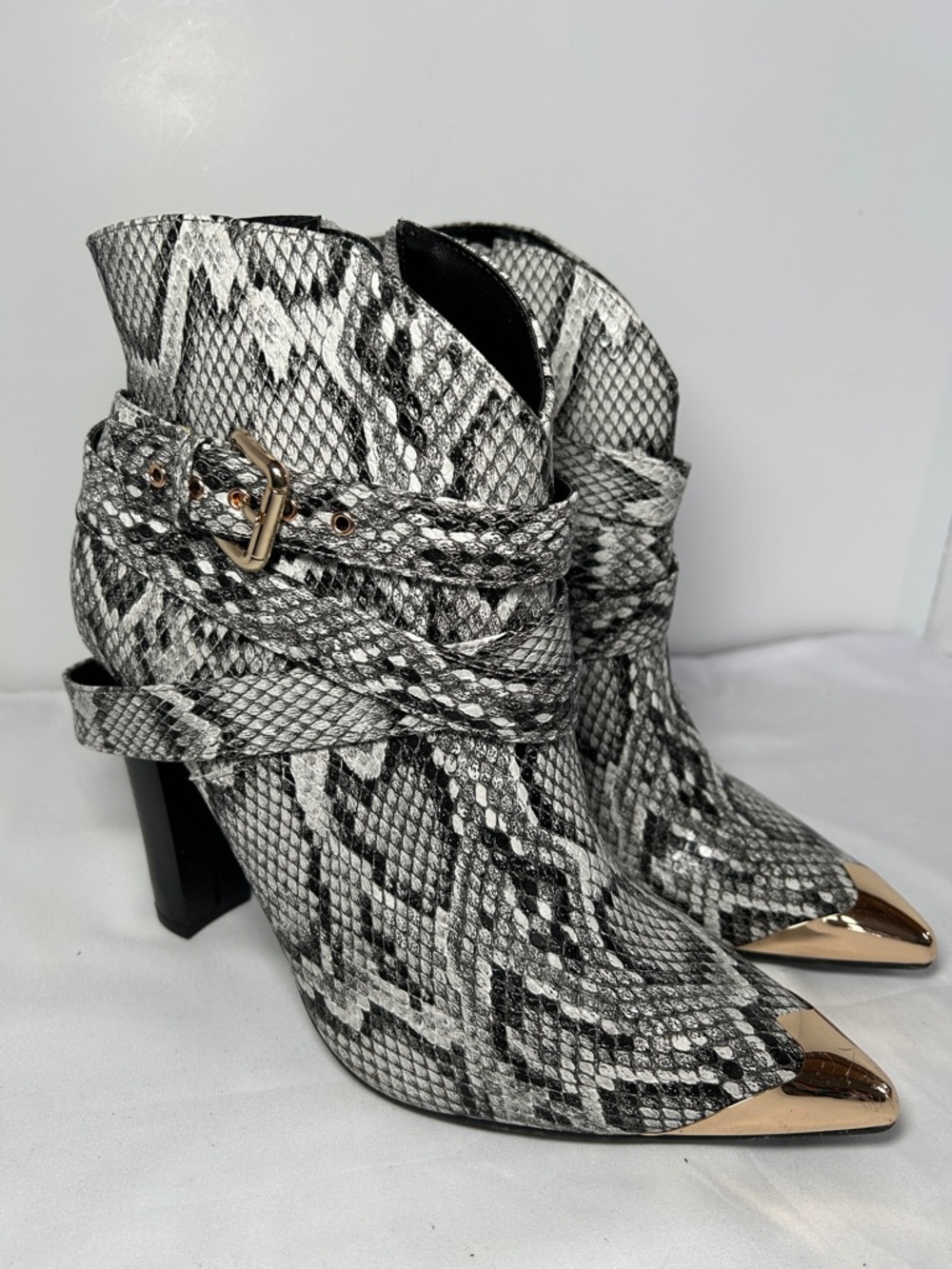 Stevie Snake-Print Metallic Toe Ankle Boots - Black/Gray